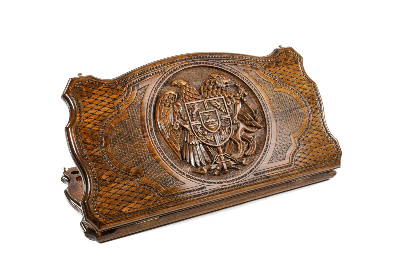 A frontal shot of the closed backgammon board showcasing the Armenian Coat of Arms carved within the copyrighted Mount Ararat outline.