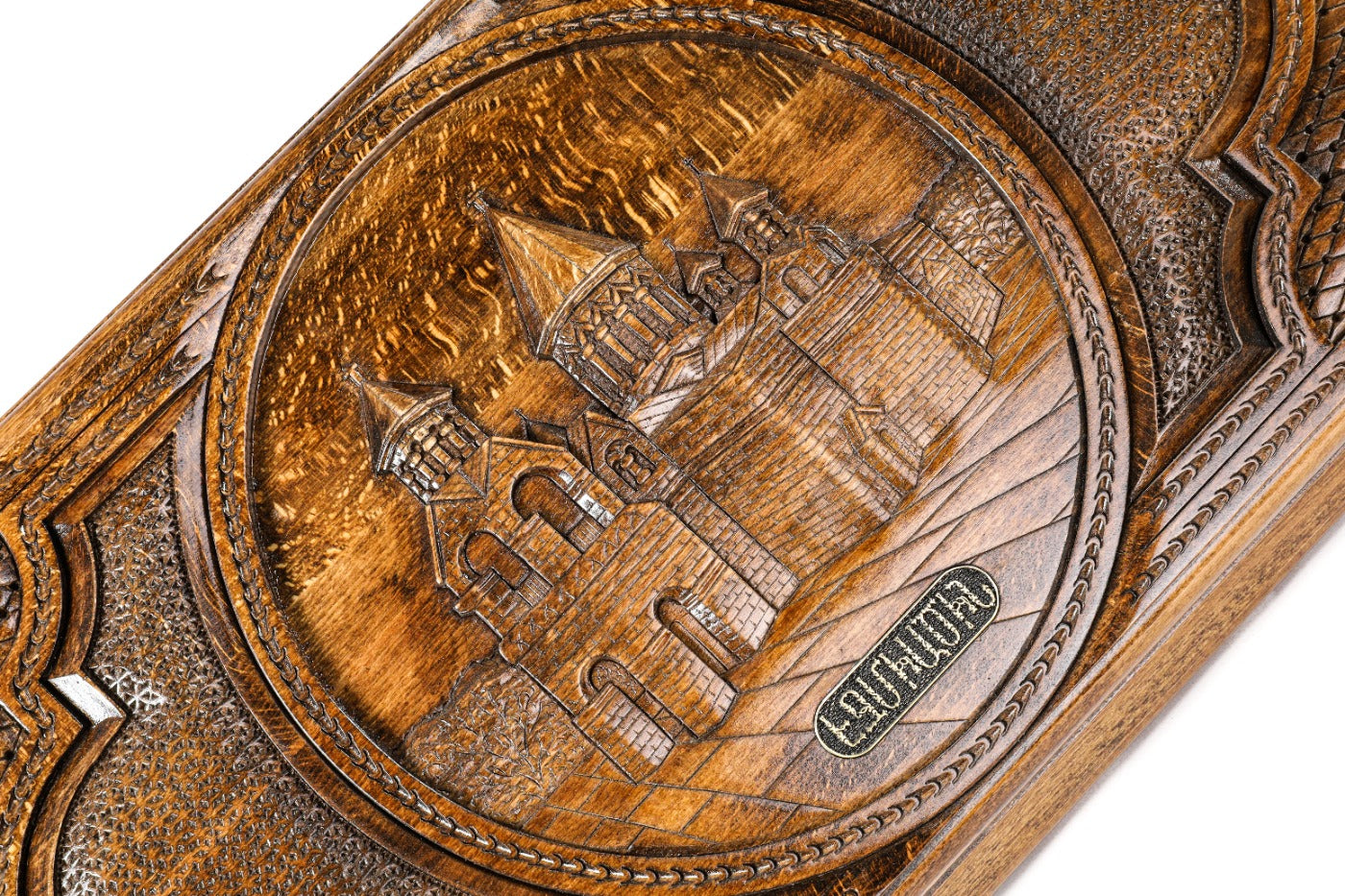 The interior view of the open Holy Etchmiadzin backgammon set highlighting the smooth grain and professional pips.