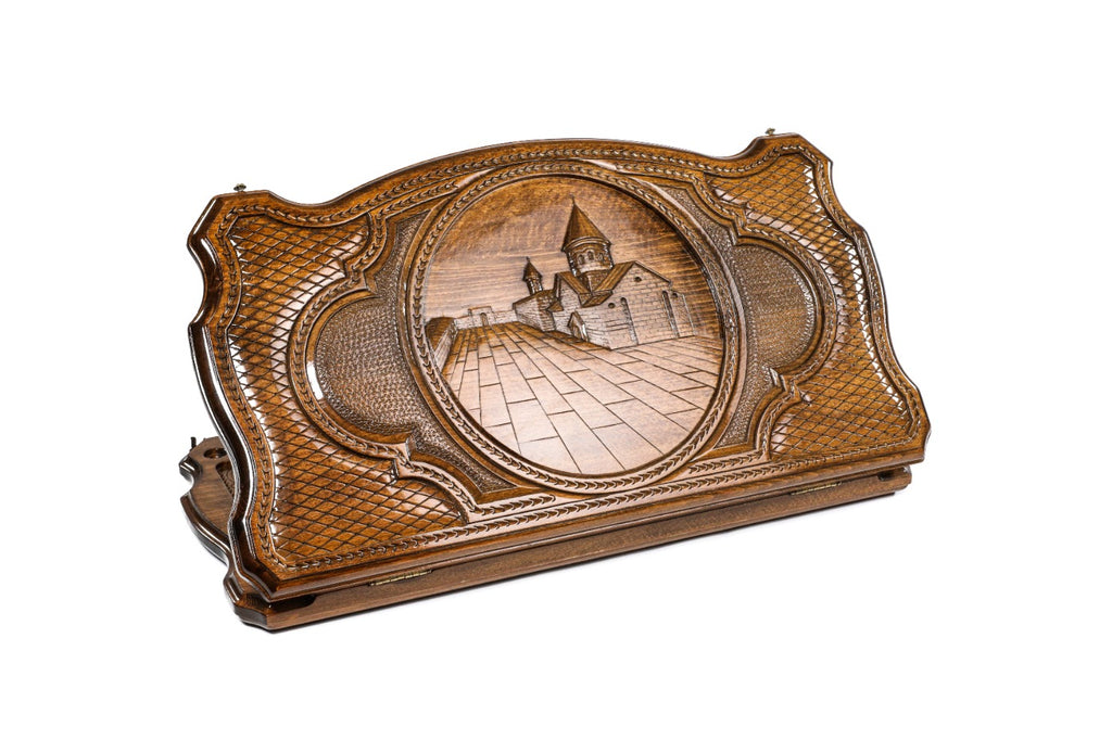 A frontal shot of the closed Geghard backgammon board featuring the monastery carved inside the copyrighted Mount Ararat outline.