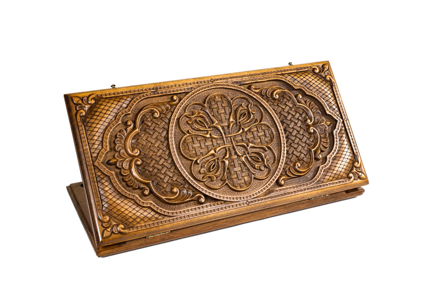 Closed Ornamental Bas-Relief backgammon board showing the deep hand-carved textures.