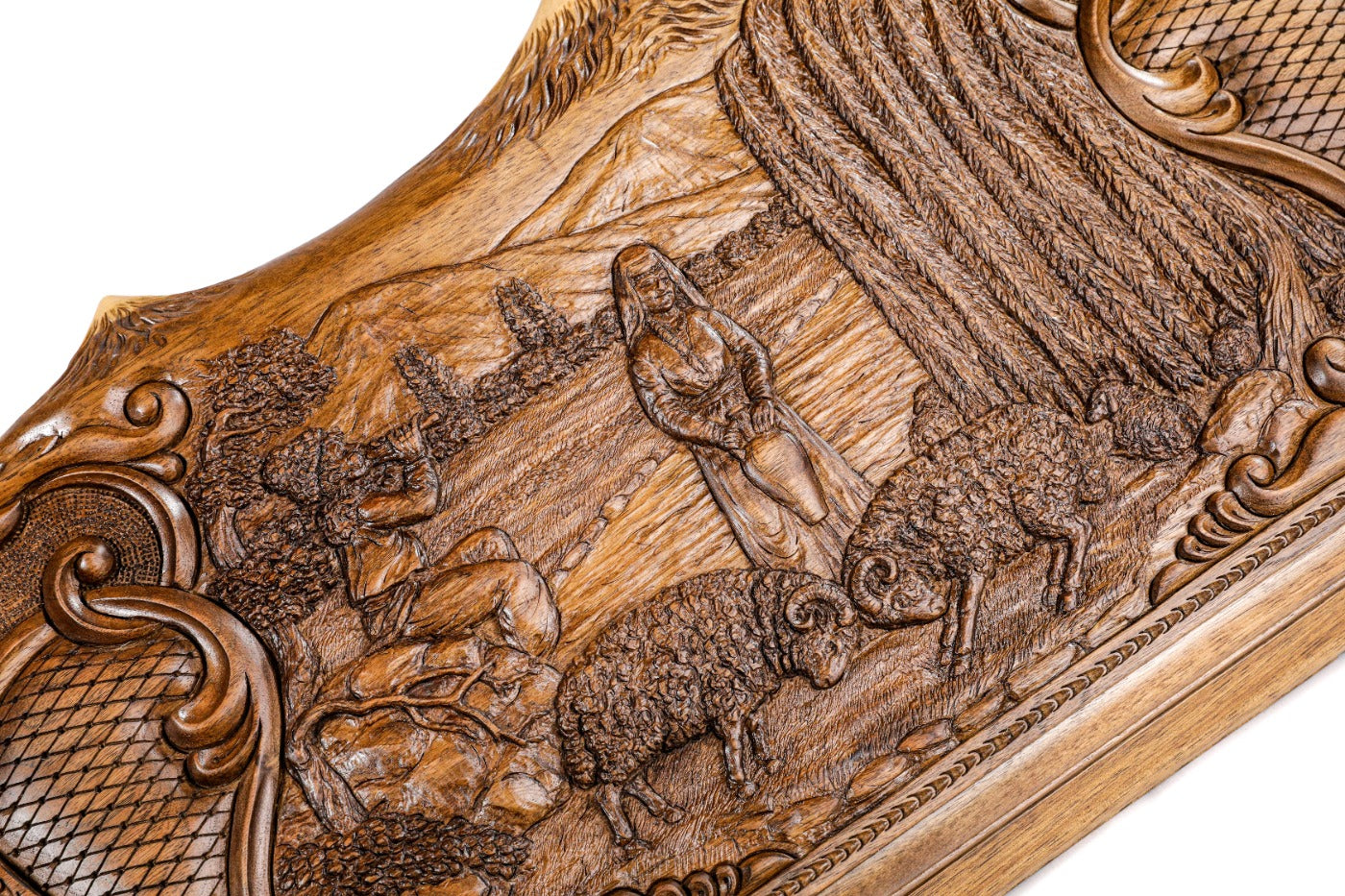 Frontal view of the hand-carved Mount Ararat silhouette on the solid wood exterior.
