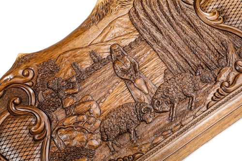 Frontal view of the hand-carved Mount Ararat silhouette on the solid wood exterior.