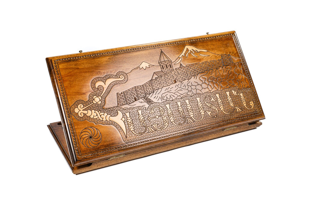 Closed Hayastan backgammon board featuring hand-carved Armenian lettering and symbols.