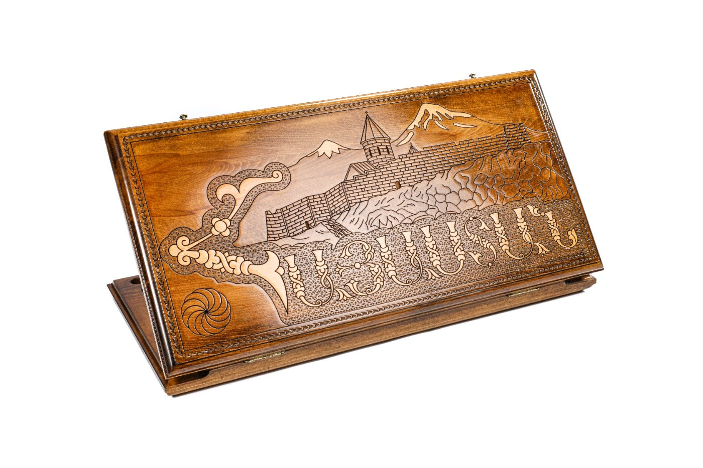 Closed Hayastan backgammon board featuring hand-carved Armenian lettering and symbols.