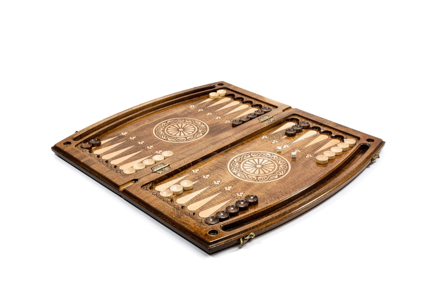 Interior view of the open board highlighting the mirror-polished playing field and checkers.