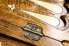 Ornamental Snowflake Sacred Arch Design backgammon board - detail of the wood grain and finish