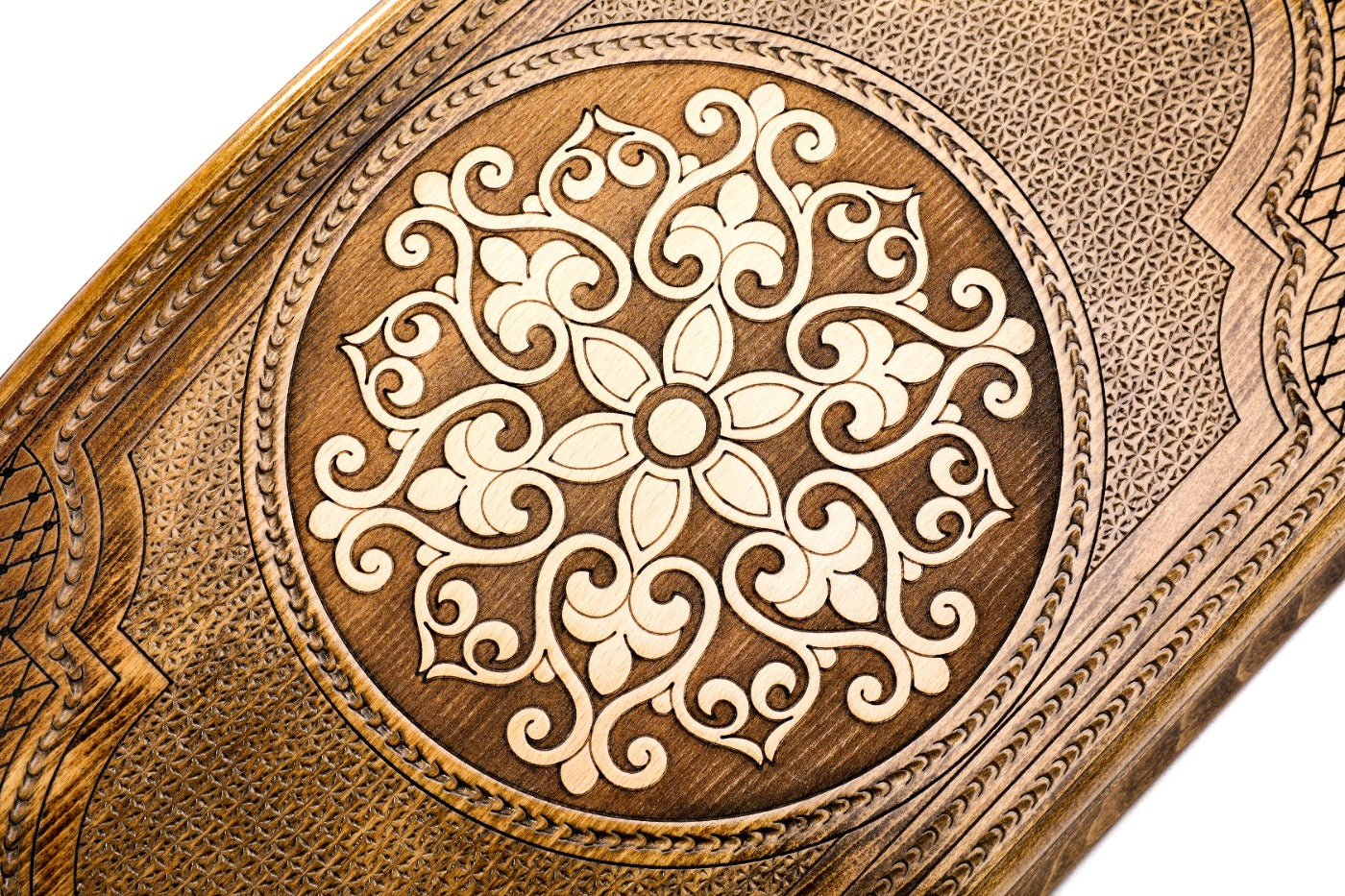 Frontal view of the copyrighted arch-style architectural detail on the solid wood exterior.