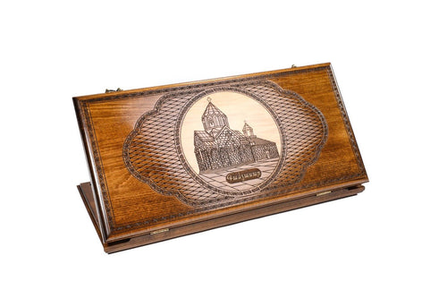 Armenian backgammon set with Gandzasar Monastery engraved on the lid