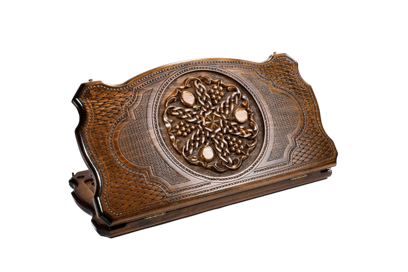 Closed Pomegranate & Grapes backgammon board featuring a copyrighted contour outline and hand-carved fruit.