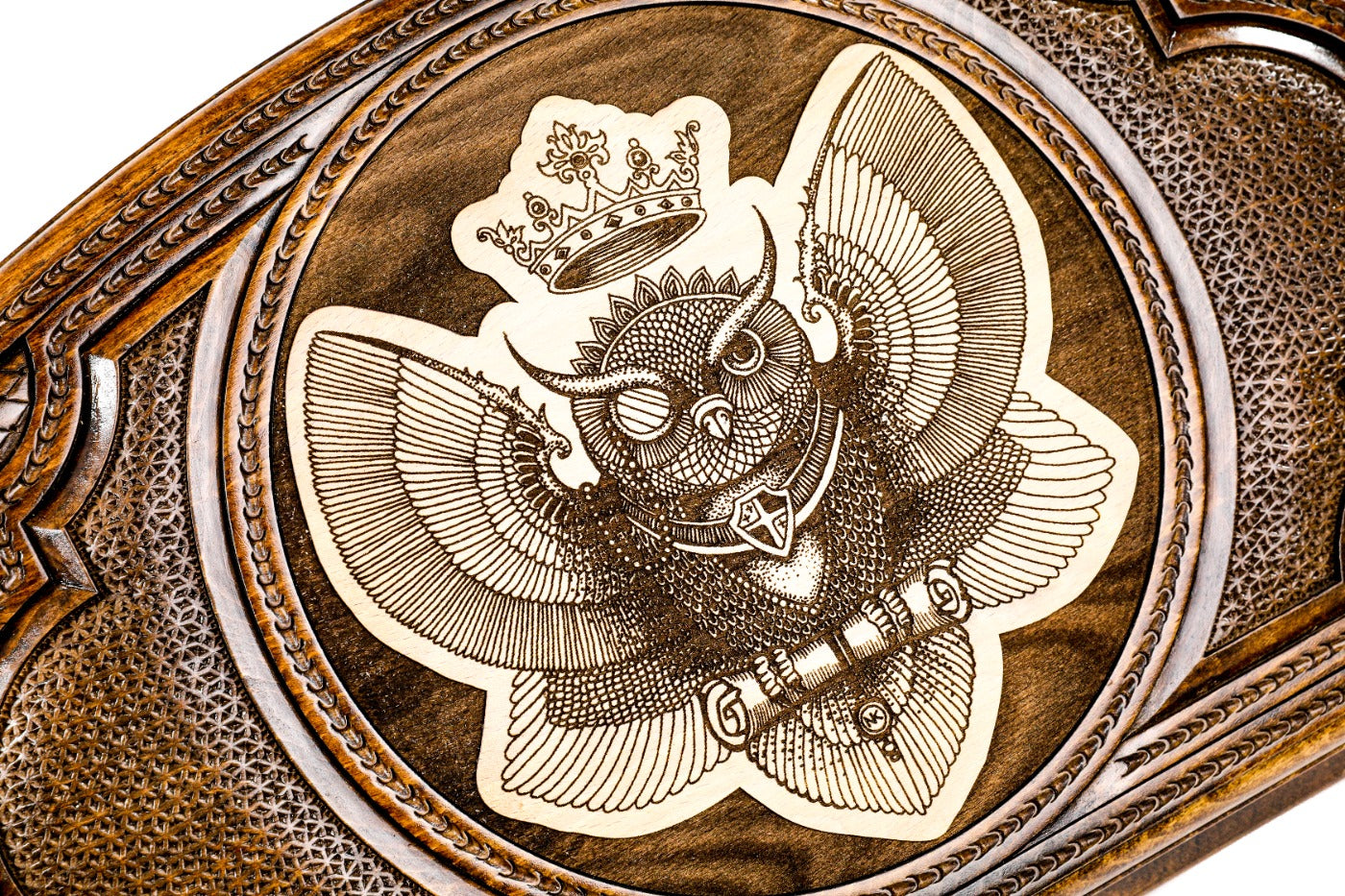 Frontal view of the intricate owl relief and architectural frame on the Hrachya Ohanyan board.