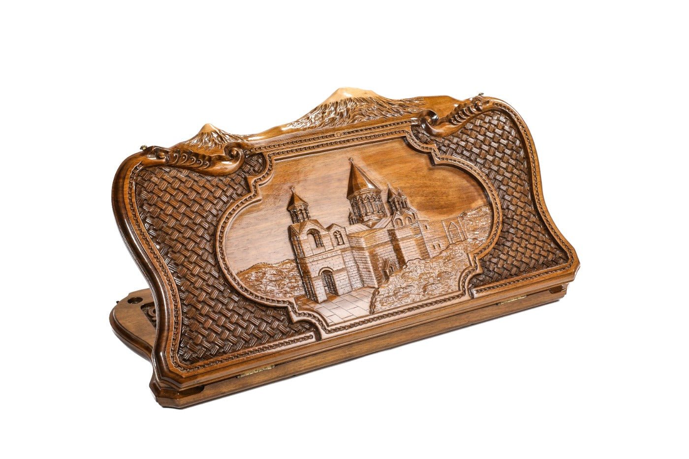 Closed Etchmiadzin backgammon board featuring the hand-carved cathedral and Mount Ararat outline.