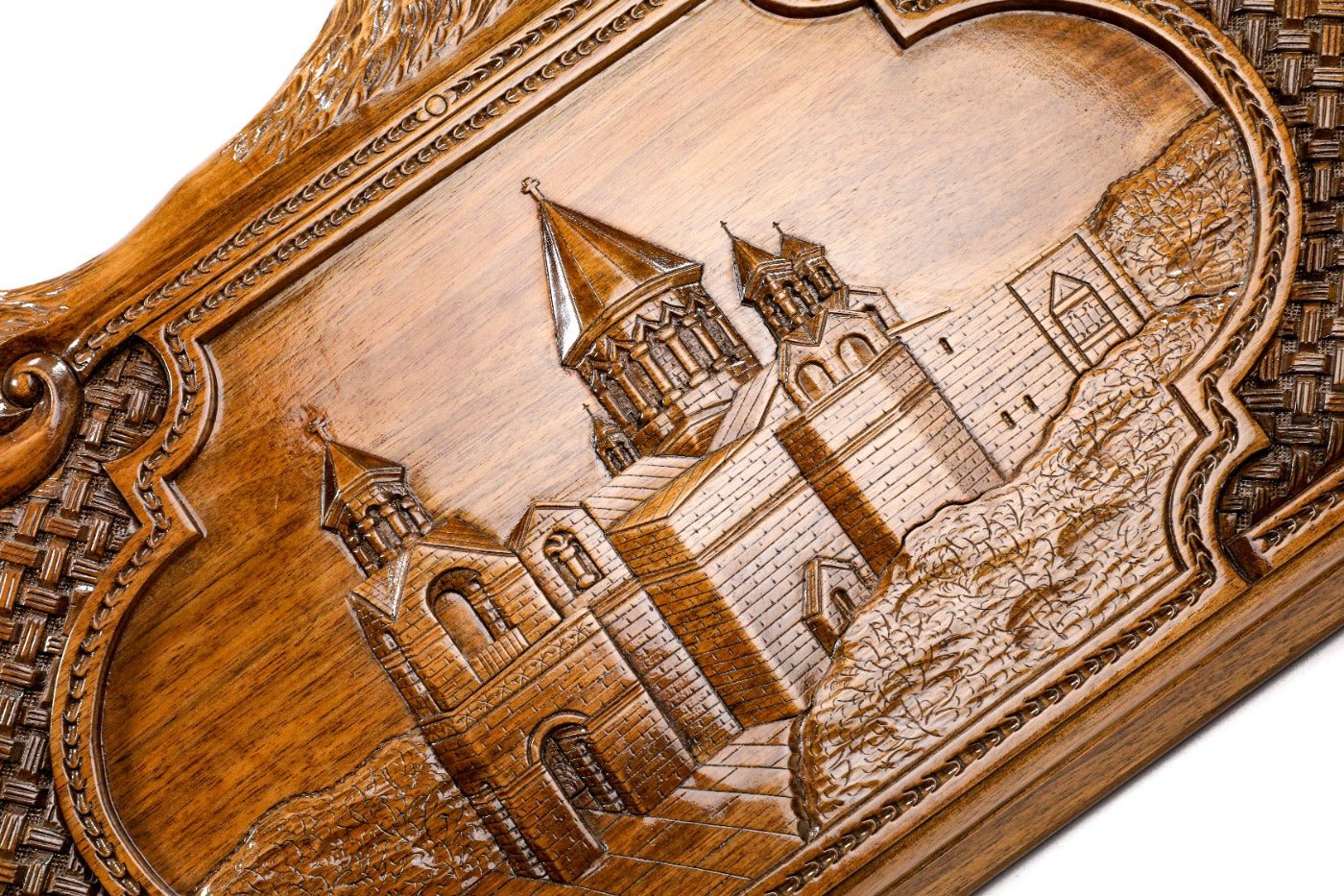 Frontal view of the detailed architectural wood carving of the Mother See by Hrachya Ohanyan.