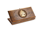 Closed Argentina Coat of Arms backgammon board with detailed national emblem carving.