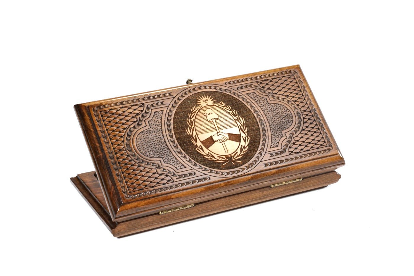 Closed Argentina Coat of Arms backgammon board with detailed national emblem carving.