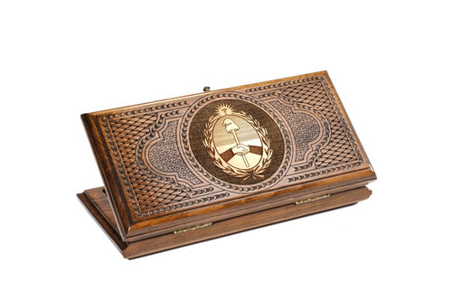 Closed Argentina Coat of Arms backgammon board with detailed national emblem carving.