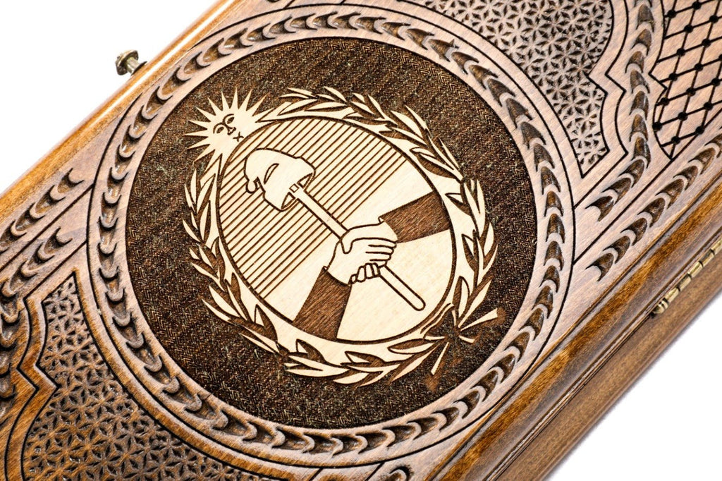 Frontal view of the hand-carved Argentine Republic crest on the solid wood exterior.