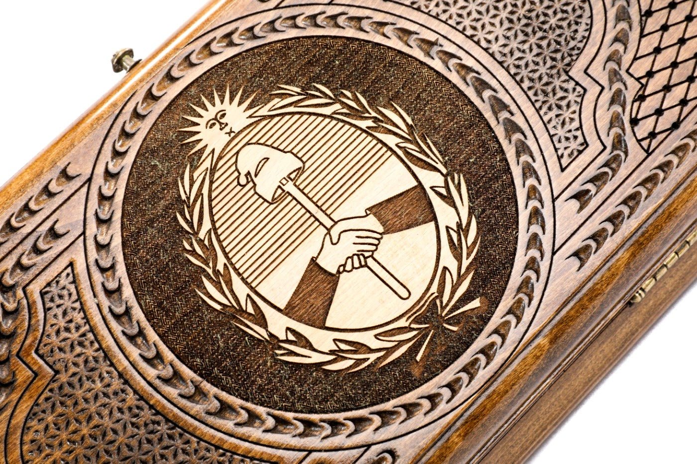 Frontal view of the hand-carved Argentine Republic crest on the solid wood exterior.