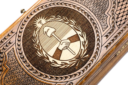 Frontal view of the hand-carved Argentine Republic crest on the solid wood exterior.