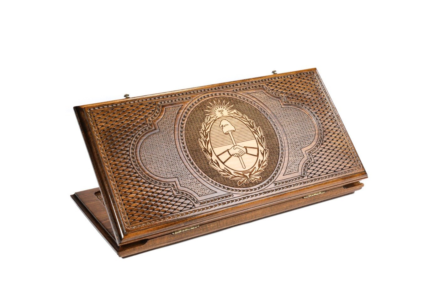 Closed Argentina Coat of Arms backgammon board with national emblem carving.