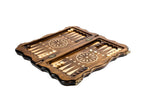 Handcrafted chess set with patterned design and integrated backgammon board