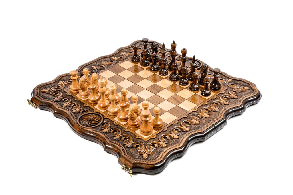 Medium handmade chess and backgammon set with ornamental carved pattern 19.7 inch