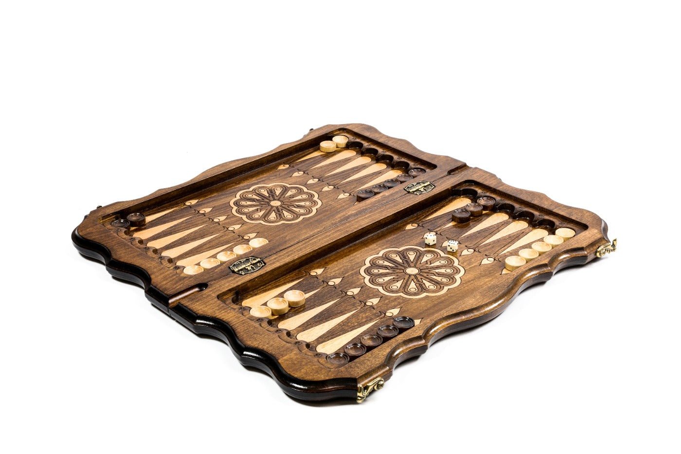 Handcrafted chess set with elegant pattern design and integrated backgammon board