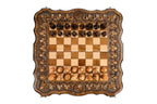 Eternity Carved chess and backgammon set - close-up of hand-carved chess pieces
