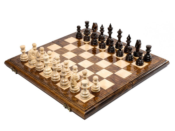 Handmade wooden chess set with carved 19.6 inch chess board