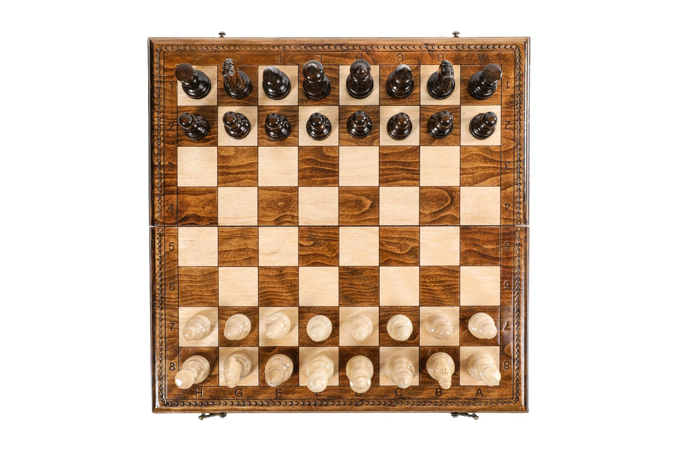 Wooden chessboard with pieces on a white background