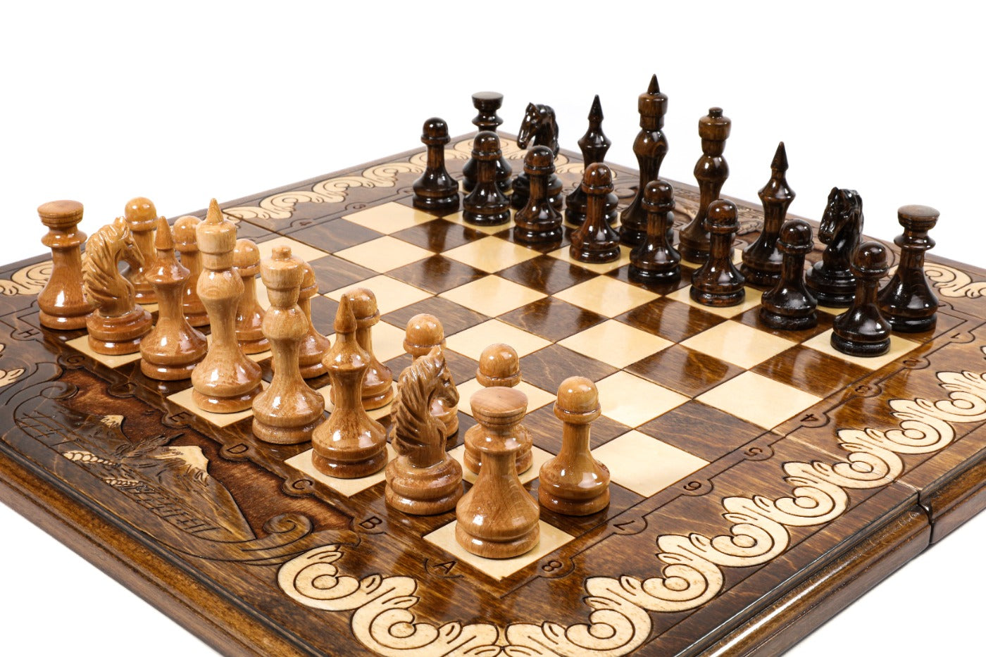 Wooden chess board featuring Mount Ararat carving and cultural craftsmanship