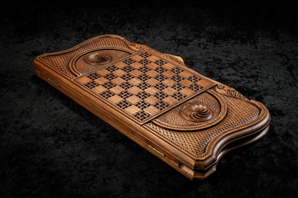 Back cover from above: carved basket-weave chequerboard and eternity whirl cartouches, contour edge