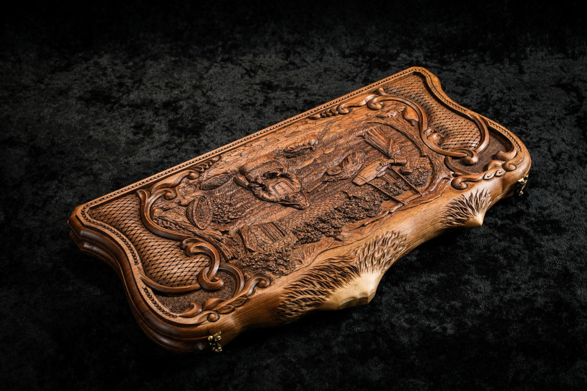 Village hand mill backgammon set closed, angled view with the Ararat peaks carved along the top