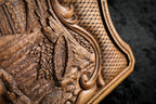 Wheat sheaf and lattice detail carved in deep relief on the village backgammon set