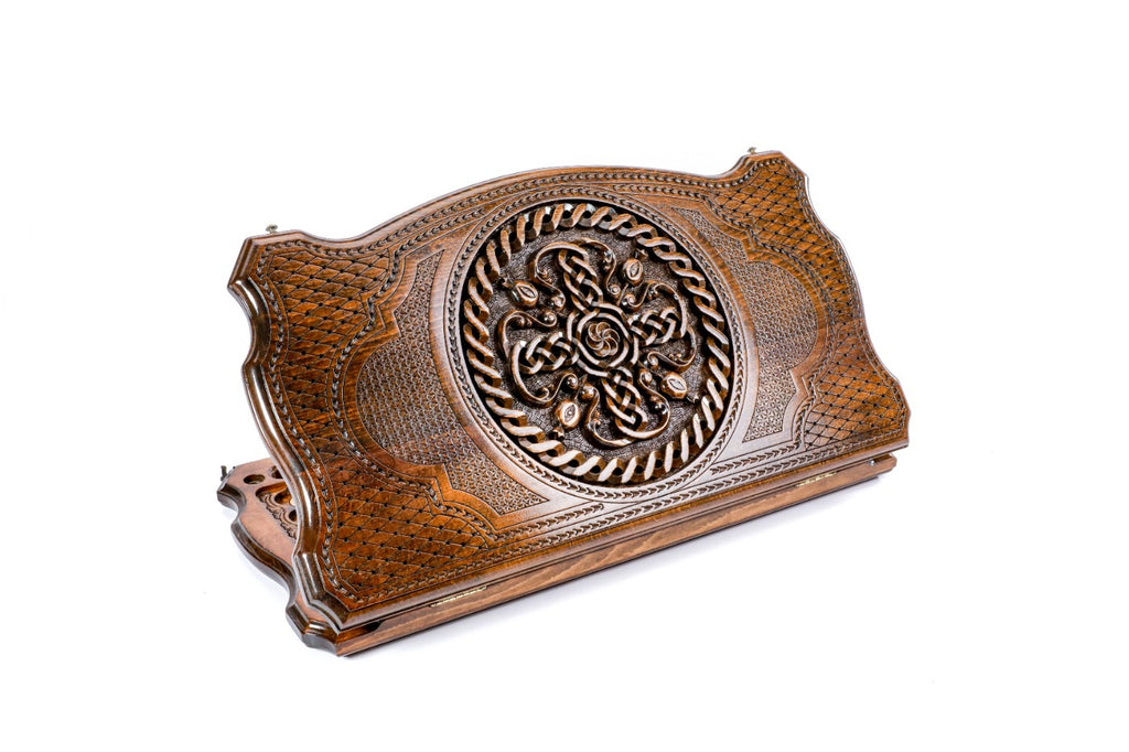 A frontal shot of the closed backgammon board featuring a detailed pomegranate carving inside the copyrighted Mount Ararat outline.