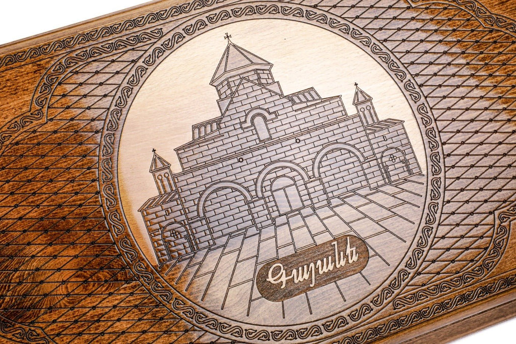Handcrafted backgammon set with Armenian church inspired detailing