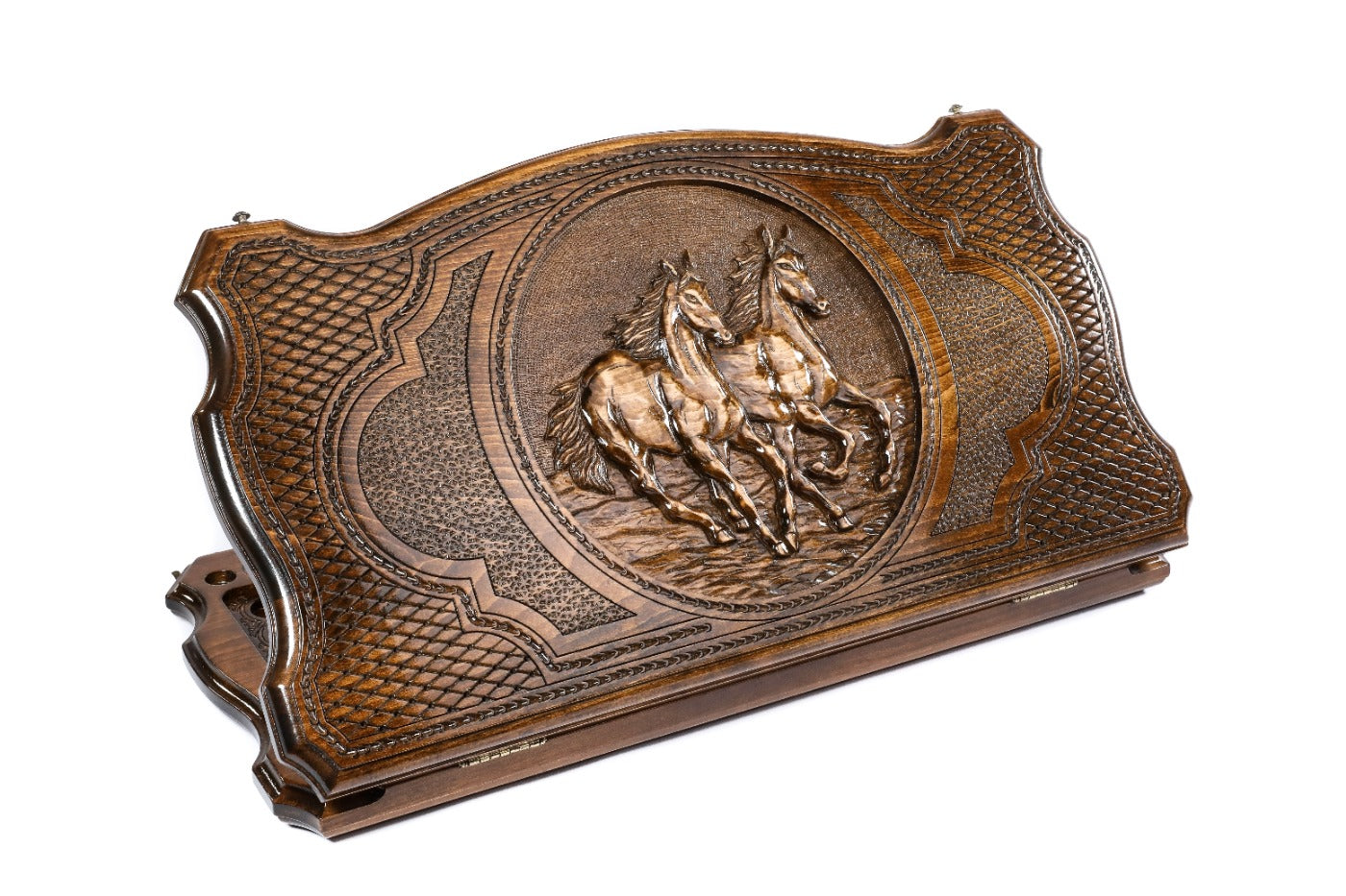A frontal shot of the closed backgammon board featuring a galloping horse carved within the copyrighted Mount Ararat outline.