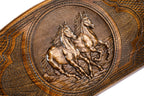 The interior of the open Hrachya Ohanyan horse backgammon set showing the rich wood grain and inlaid pips.