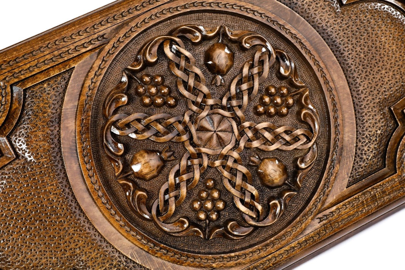 Interior view of the open classic wooden backgammon set showing the polished grain and professional playing pips.