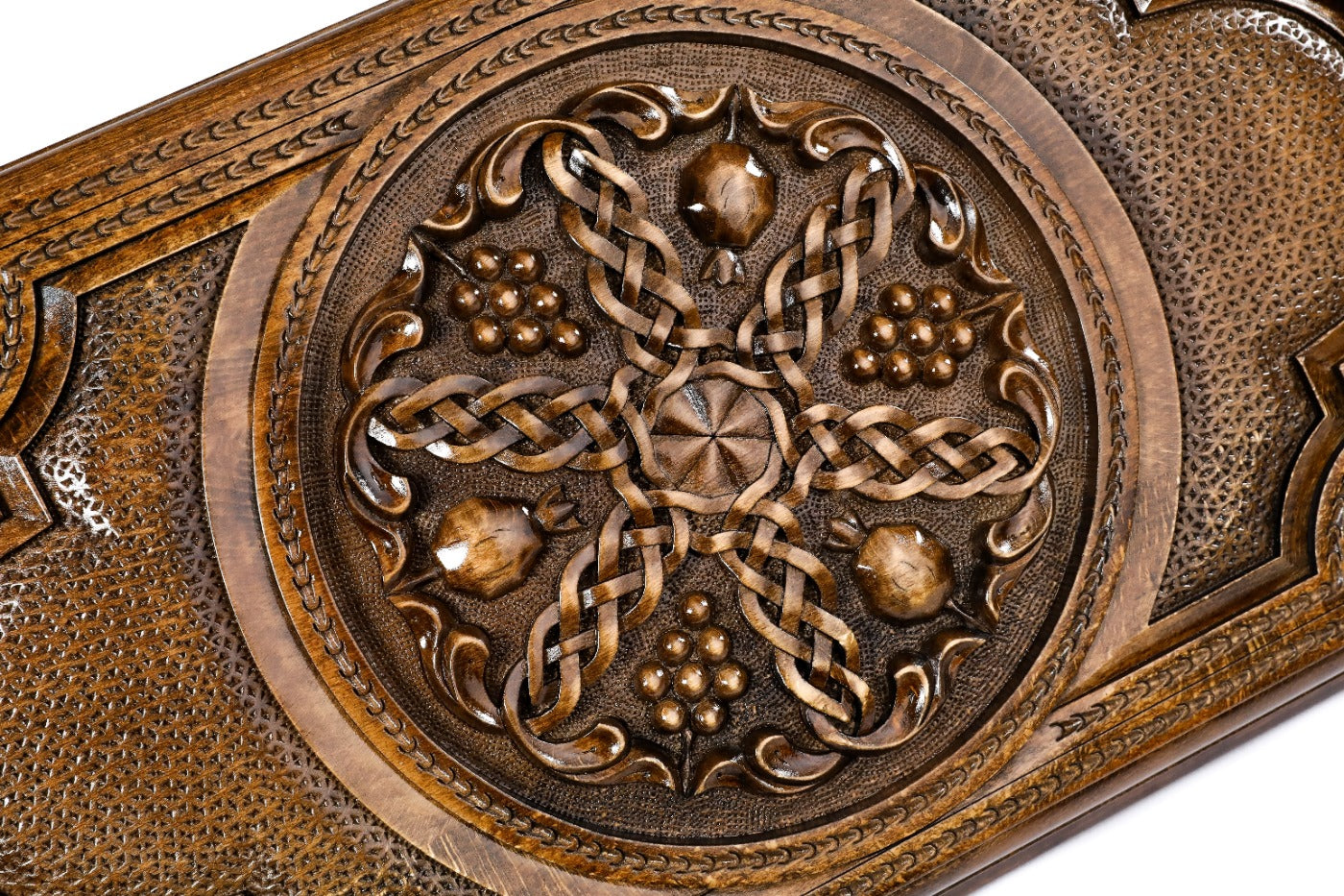 Interior view of the open classic wooden backgammon set showing the polished grain and professional playing pips.