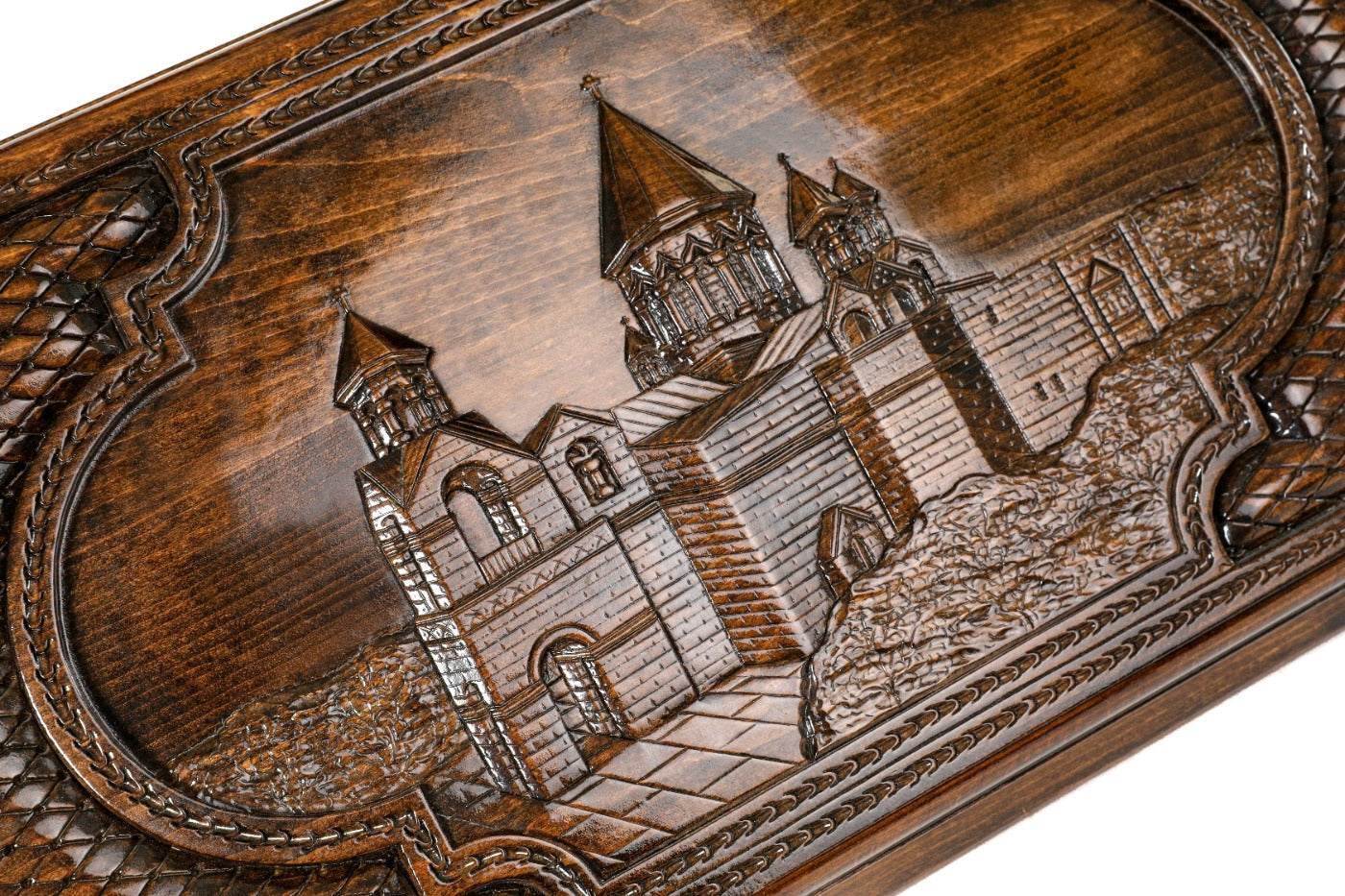 The interior view of the open Holy Etchmiadzin backgammon set highlighting the smooth grain and professional pips