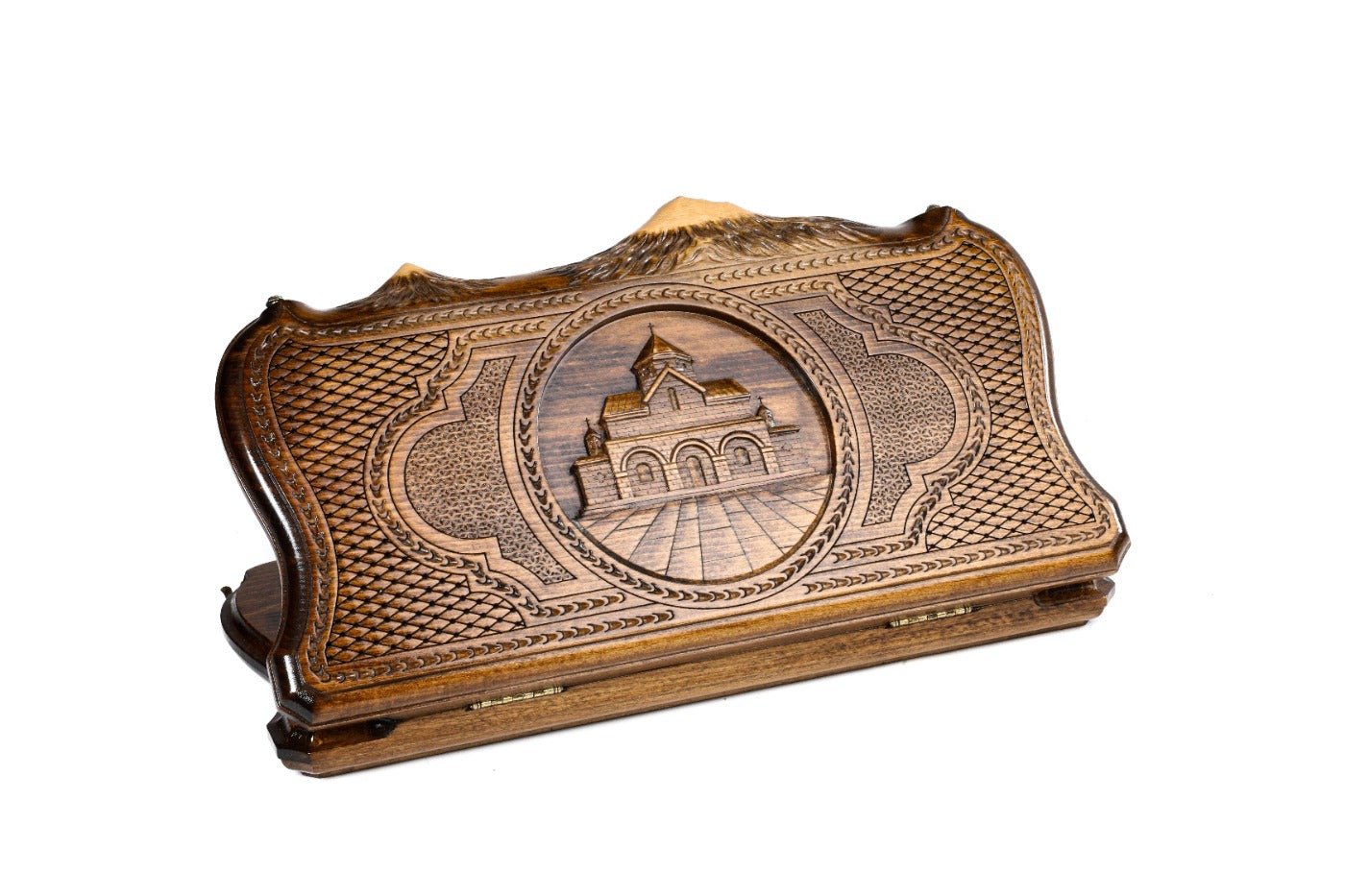 Closed St. Gayane backgammon board with hand-carved church and Mount Ararat.