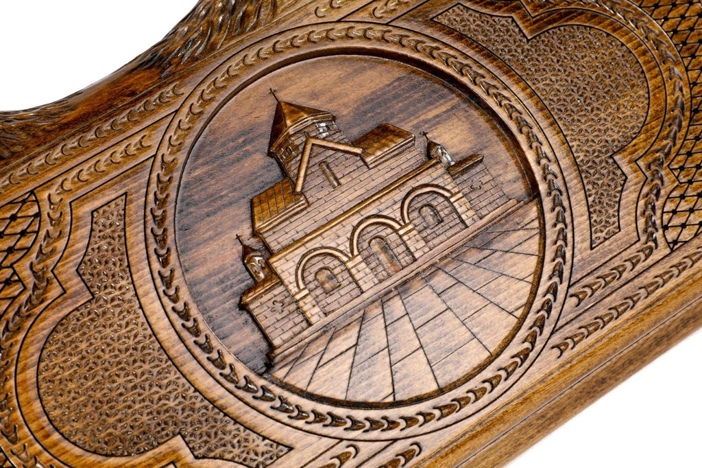 Frontal view of the architectural relief on the Hrachya Ohanyan solid wood board.