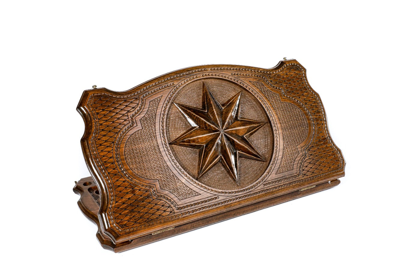 A frontal shot of the closed Octagram backgammon board featuring the eight-pointed star carved inside the copyrighted Mount Ararat outline.