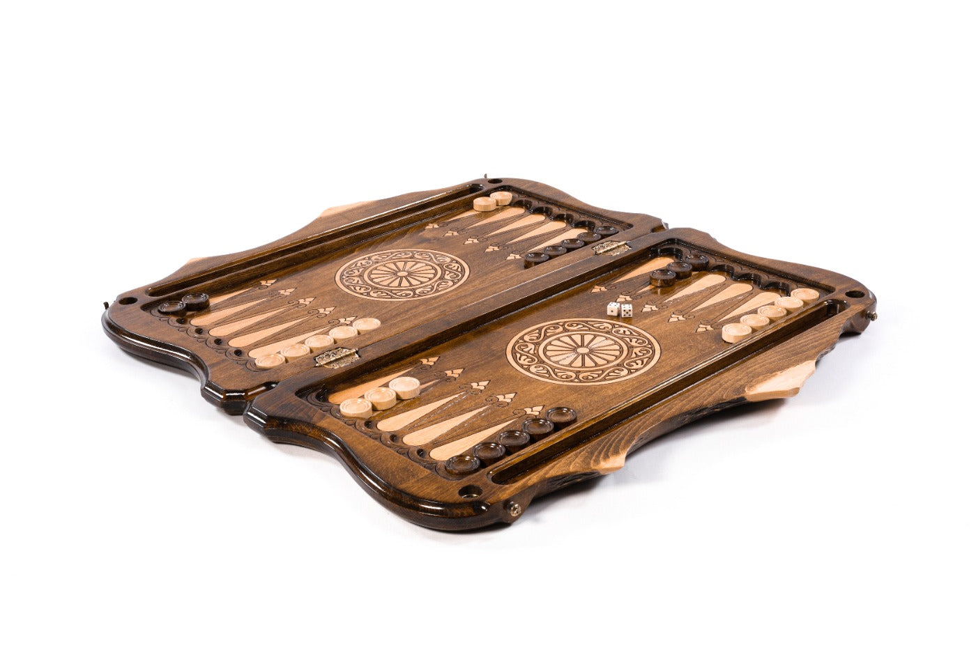 A close-up view focusing on the sharp, detailed heraldry of the eagle and lion on the textured solid wood surface.