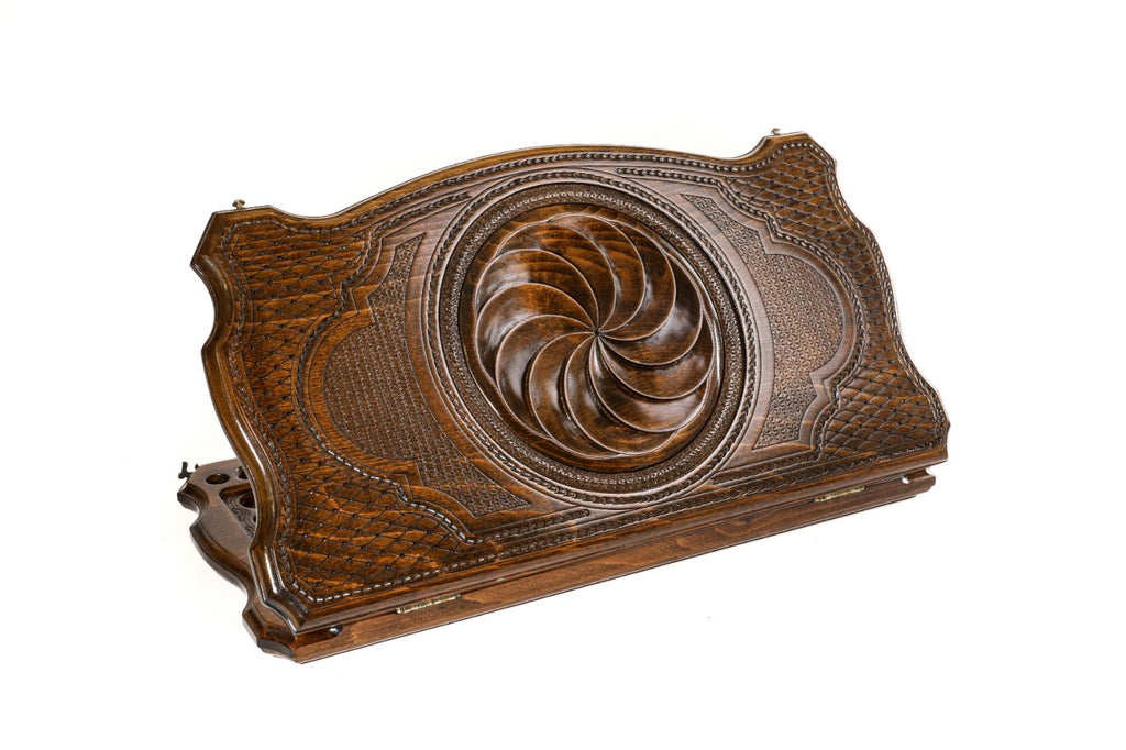 Exterior view of the wooden backgammon board featuring the detailed Eternity symbol and copyrighted contour outline.