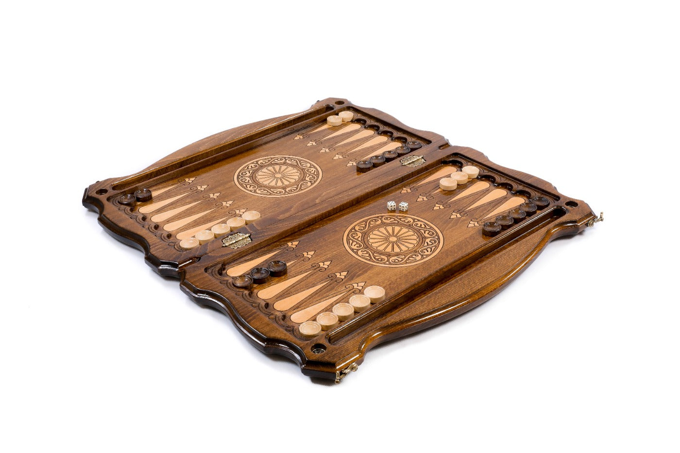 Close-up of the carved Eternity design and high-quality wood finish on this classic backgammon set.