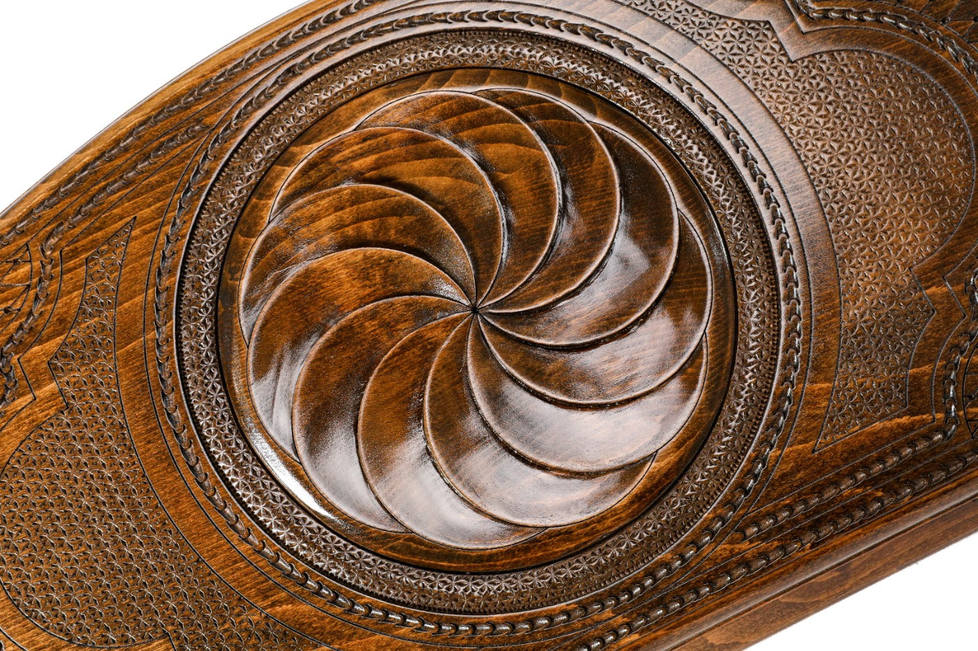 Open Armenian backgammon set displaying the smooth interior playing surface and setup.