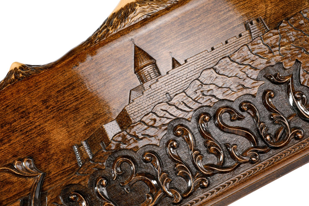 An overhead view of the open board displaying the rich natural wood tones and the contrasting playing pips.
