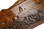 An overhead view of the open board displaying the rich natural wood tones and the contrasting playing pips.
