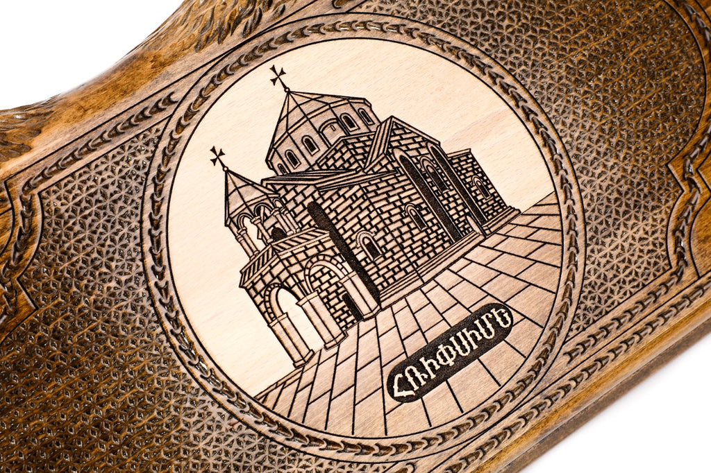 Frontal view of the architectural relief on the Hrachya Ohanyan solid wood board.